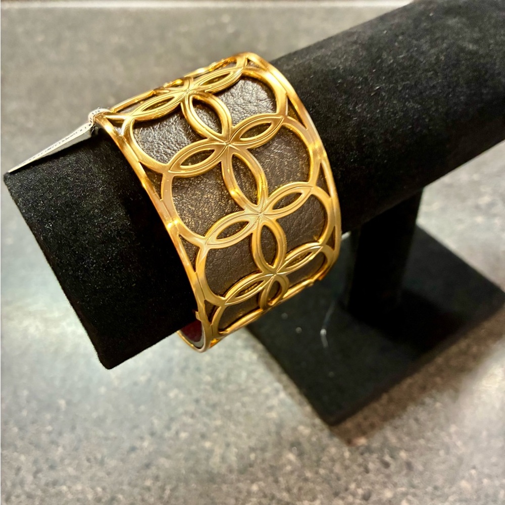 Brighton Christo Wide Cuff Bracelet Black Leather Gold Tone Interchangeable”